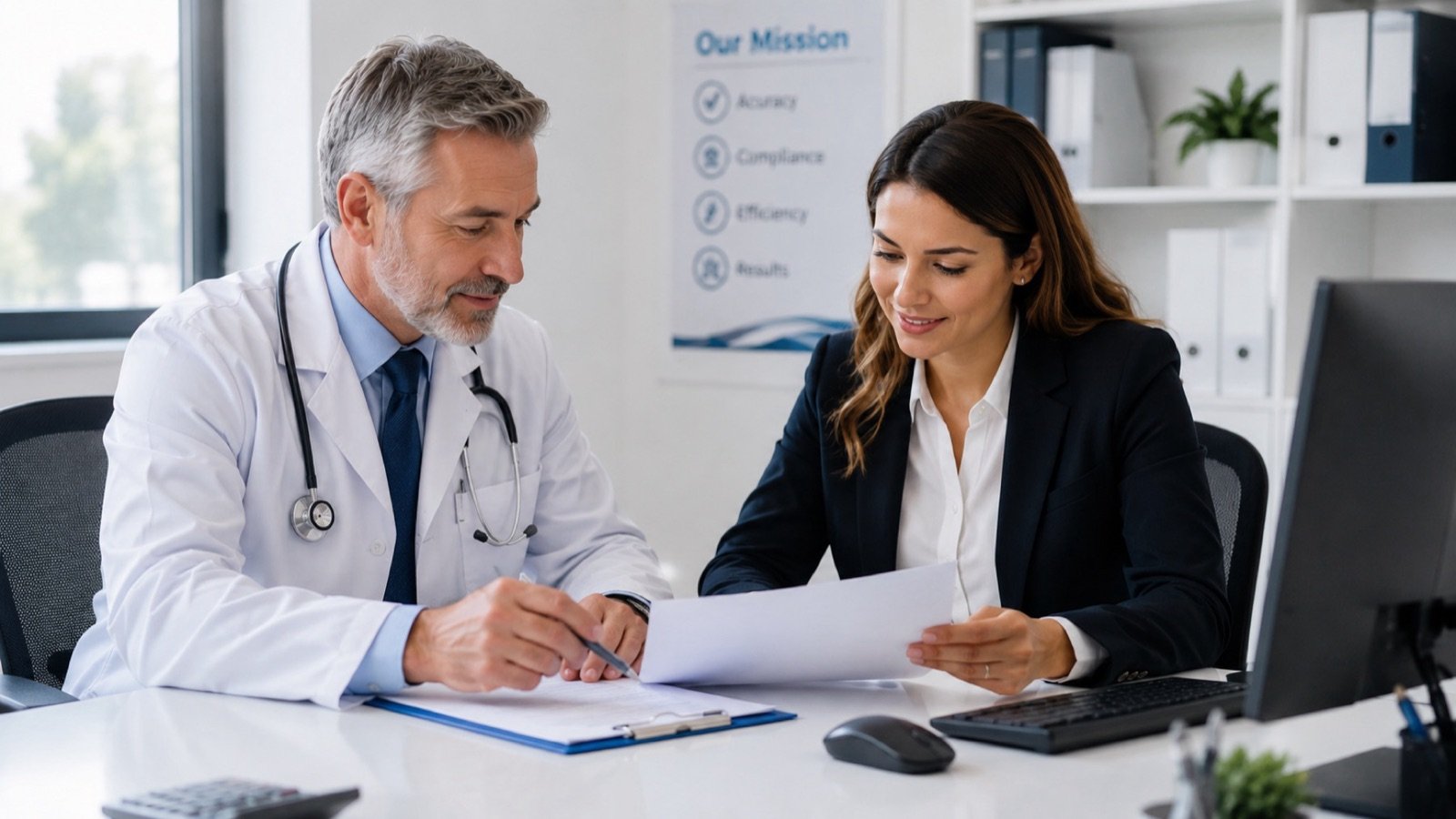 Provider and billing specialist reviewing authorization paperwork.